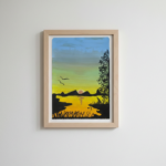 Hand-Painted Golden Sunset Lake Silhouette – Framed Wall Art
