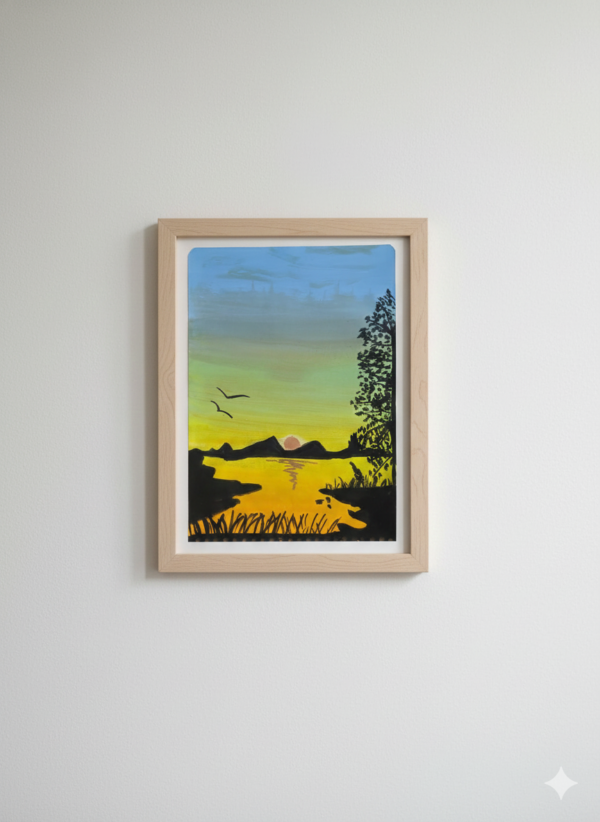 Hand-Painted Golden Sunset Lake Silhouette – Framed Wall Art