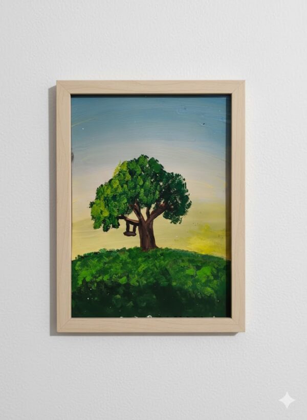 Original Tree on Hill Acrylic Painting – Framed Nature Wall Art
